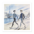 Zwei Männer Hand in Hand am Seine-Ufer vor Eiffelturm - Grafisch-illustrativer Stil Aquarell Blau Grau Beige - Poster 40x40 cm - Gay Art Paris
