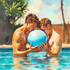Zwei Männer im Pool mit Ball – David Hockney-Stil – Spannung, Nähe, Begehren – Gay Love Wandbild
