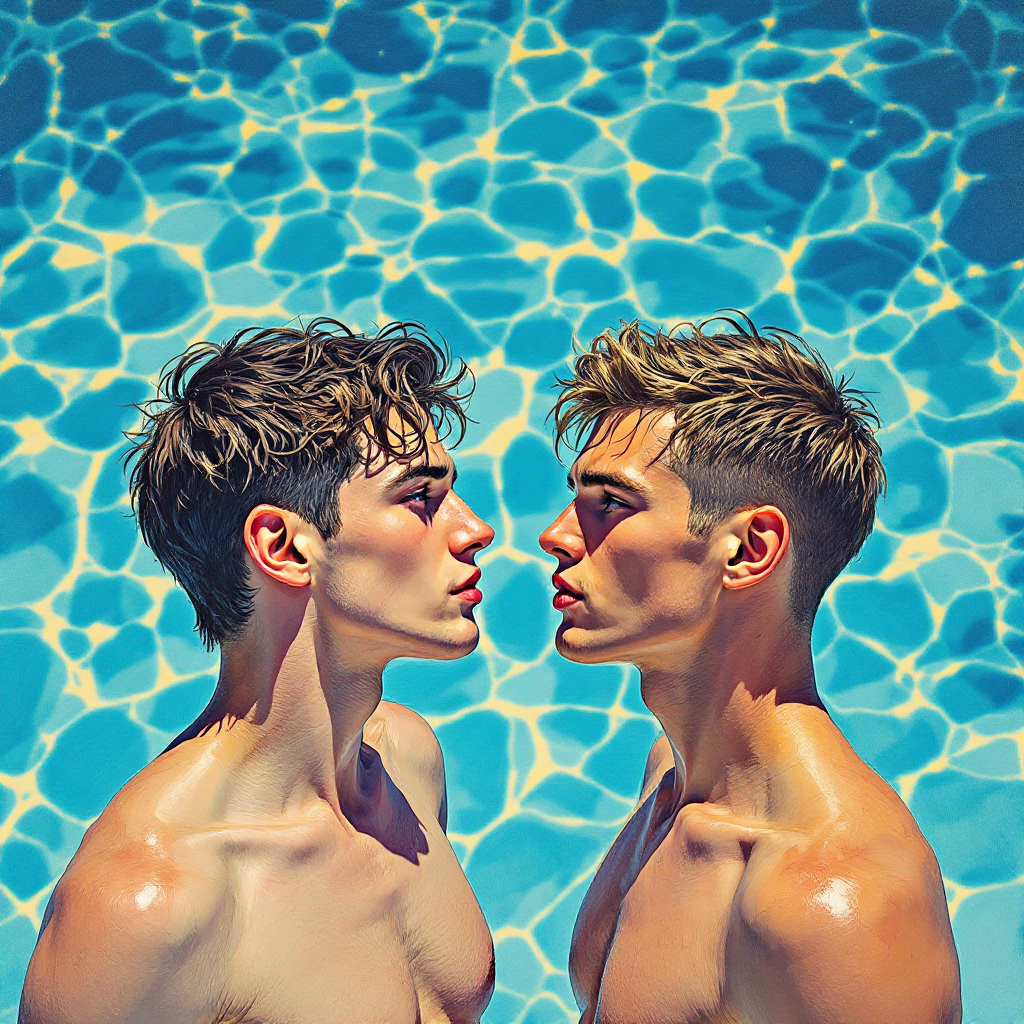 Schwule Männer im Pool – David Hockney-Stil – türkises Wasser, intensive Blicke – Gay Love Wandbild
