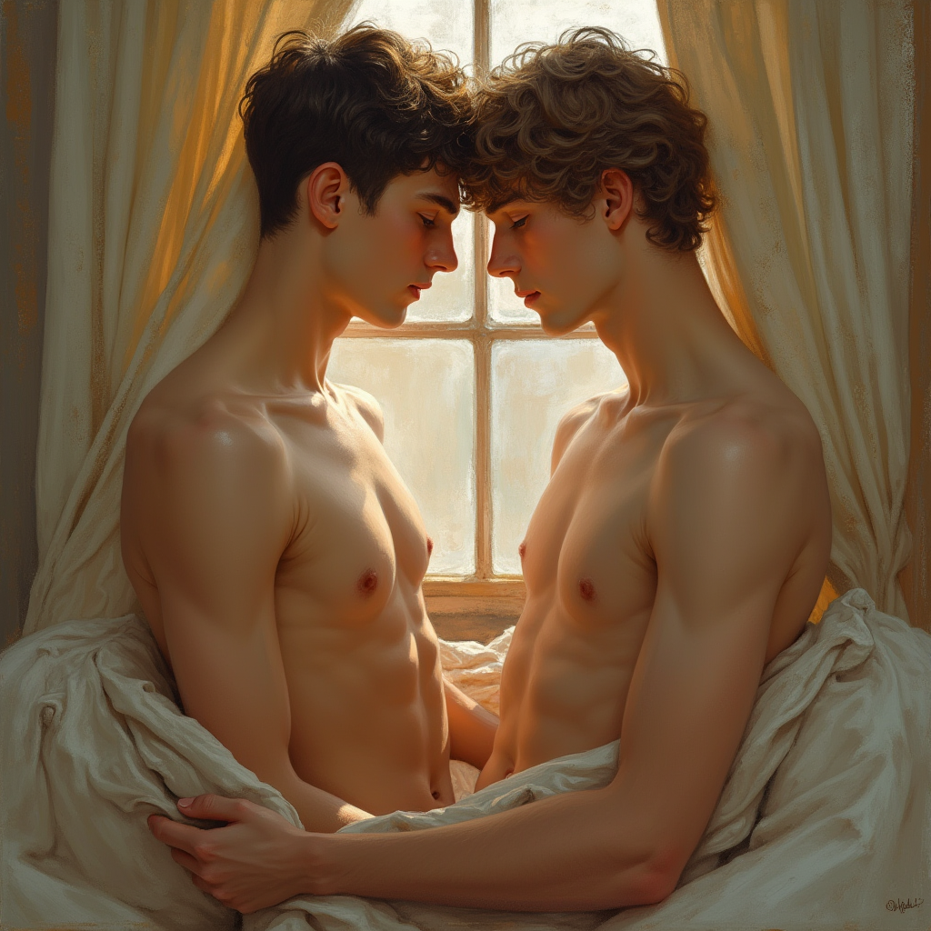 Zwei nackte Männer Stirn an Stirn am Fenster – fotorealistische Gay Art - Leinwandbild Keilrahmen
