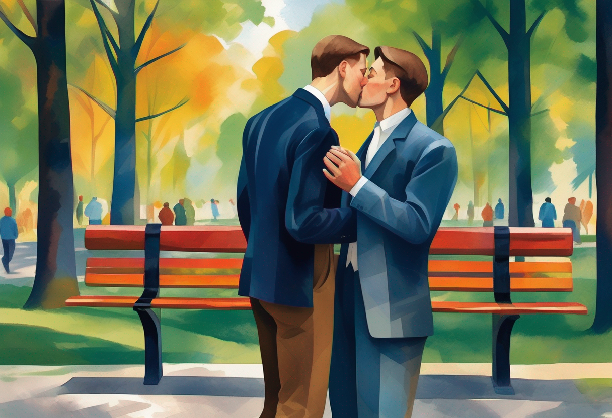 Schwules Liebespaar vor Parkbank – Gay Love Art im Kirchner-Stil
