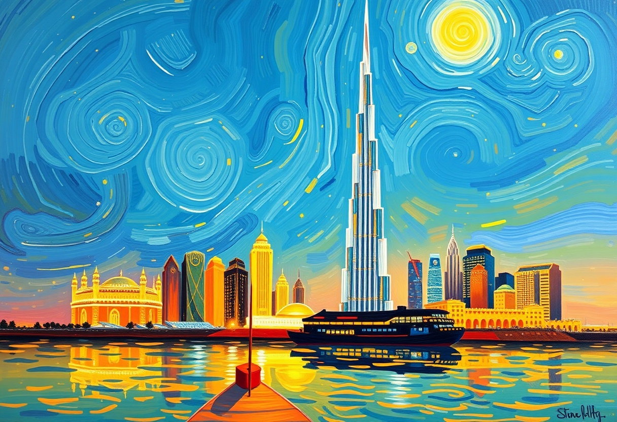 Dubai Skyline Sternennacht Stil - Wirbelnder blauer Himmel - Canvas Wandbild - Moderne Kunst
