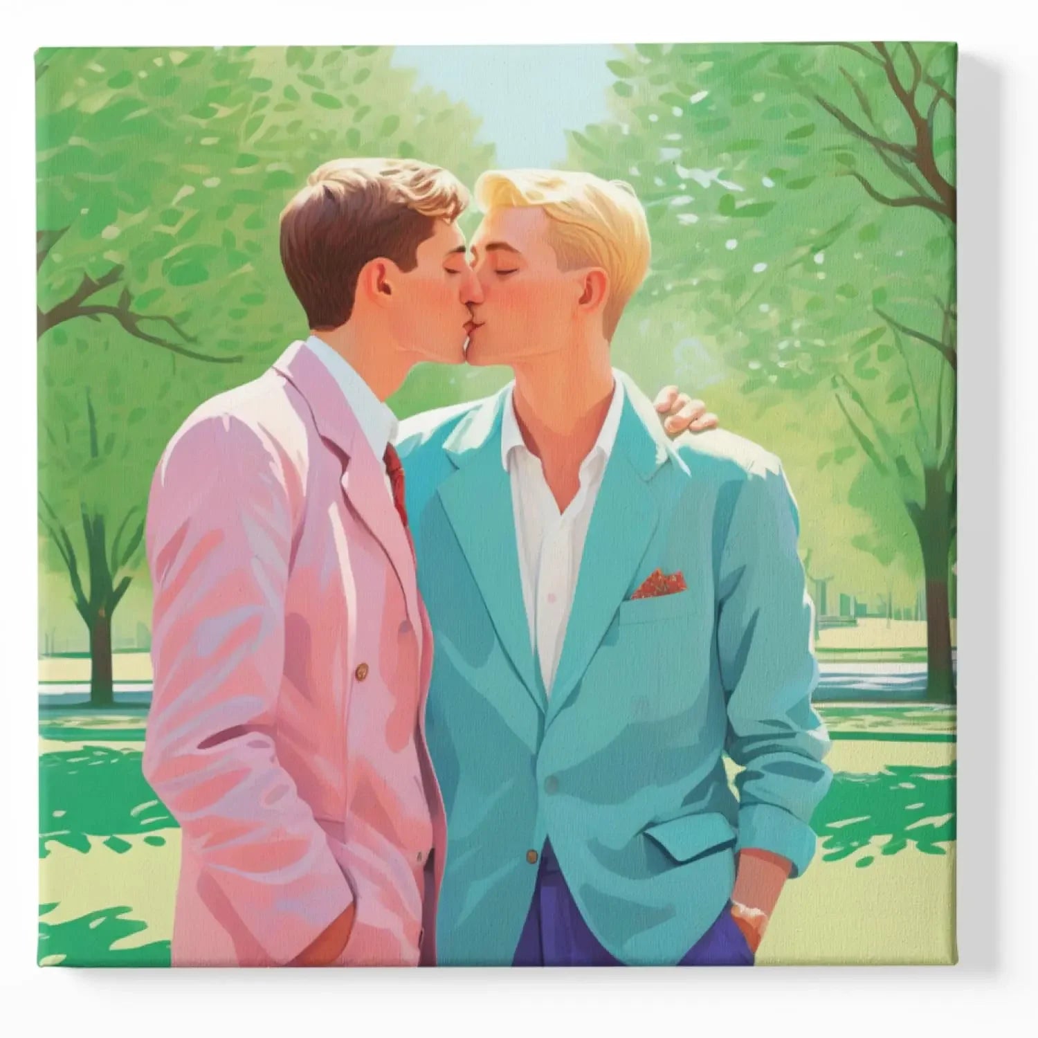 Zwei Männer küssen sich leidenschaftlich unter Bäumen in Pop Art Stil