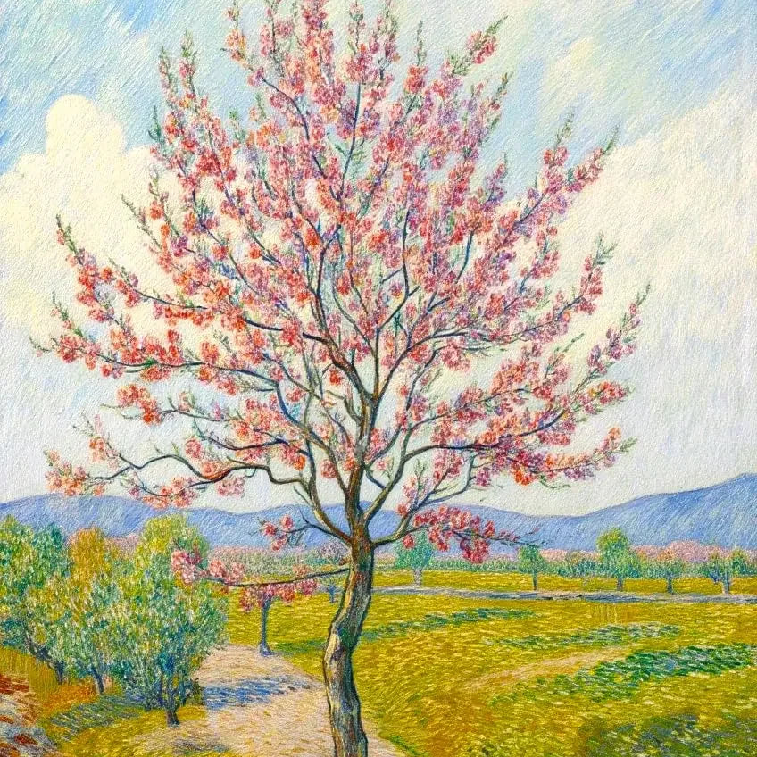 Blühender Baum nach Van Gogh, pinke Blüten im Sonnenlicht