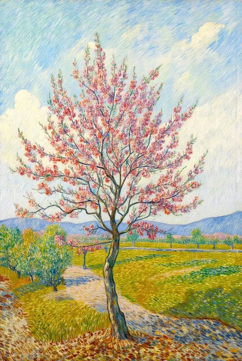 Blühender Baum nach Van Gogh, pinke Blüten im Sonnenlicht