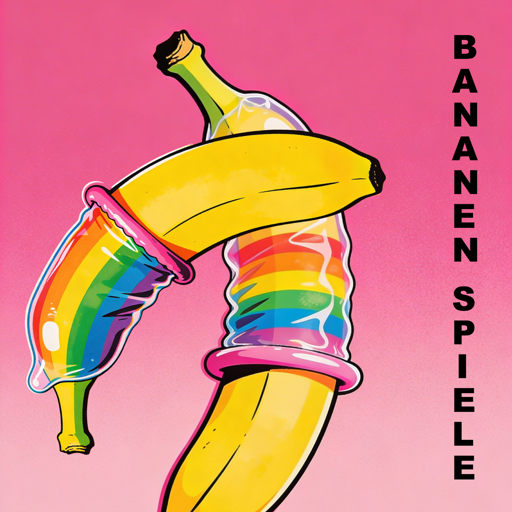 Zwei Bananen mit Regenbogen-Kondomen vor buntem Hintergrund - Humorvolle schwule Gay Art - Penis Anspielung