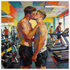Gay Kiss Art: Ein schwules Männerpaar beim leidenschaftlichen Kuss im Gym, trainierte Körper und männliche Zärtlichkeit in kräftigen Farben.
