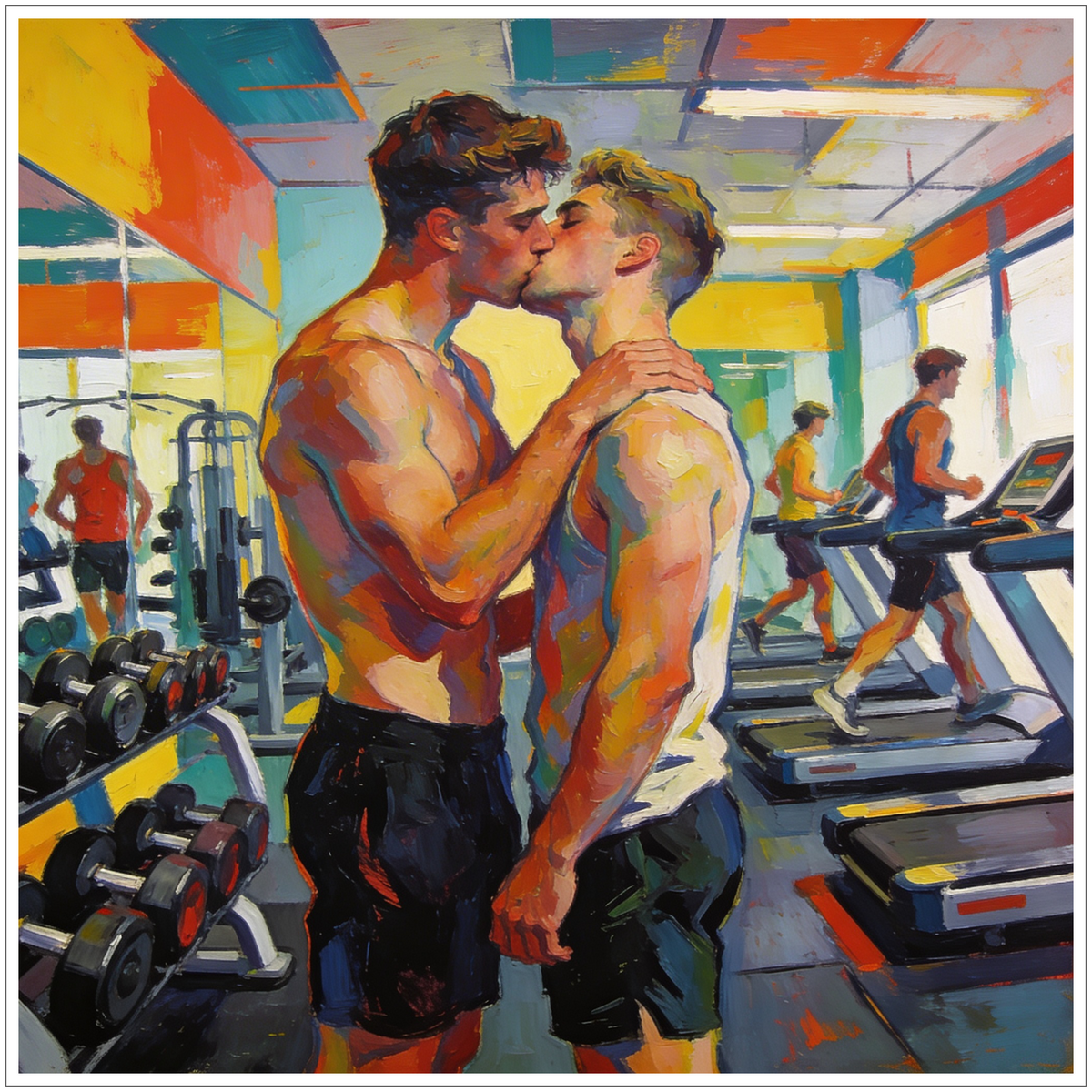 Gay Kiss Art: Ein schwules Männerpaar beim leidenschaftlichen Kuss im Gym, trainierte Körper und männliche Zärtlichkeit in kräftigen Farben.
