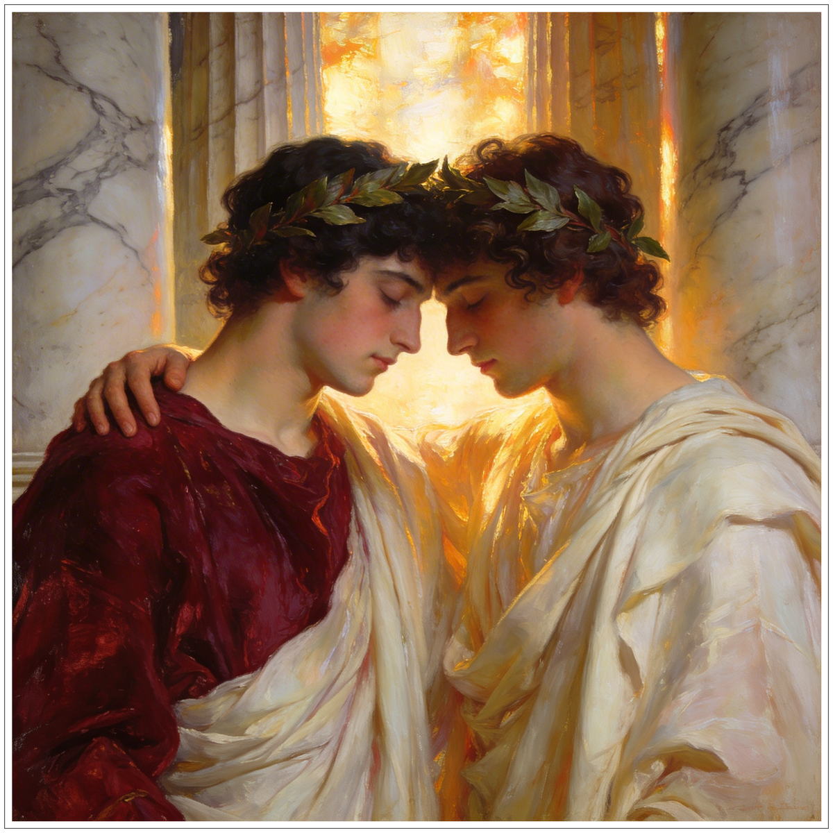 Gay Erotic Art im Simeon-Solomon-Stil: schwule Liebe, zwei junge Männer im Stil  von Heiligen gemalt
