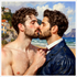 Gay Erotic Art: Ein Männerpaar beim Kuss am Strand, nackter Oberkörper und schwule Lust im Renoir-Stil.
