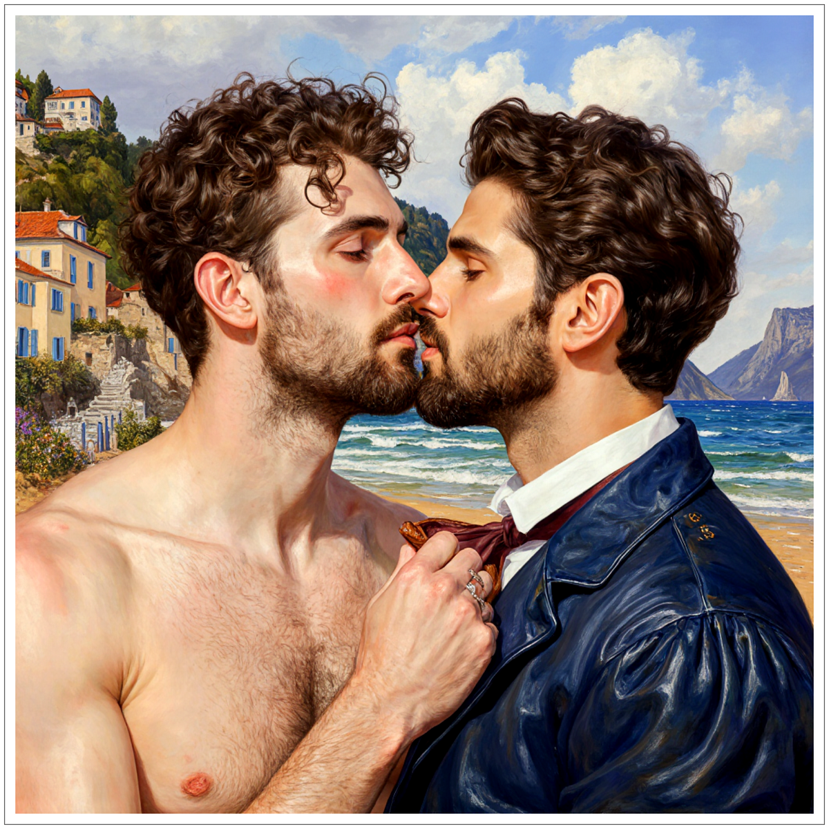 Gay Erotic Art: Ein Männerpaar beim Kuss am Strand, nackter Oberkörper und schwule Lust im Renoir-Stil.
