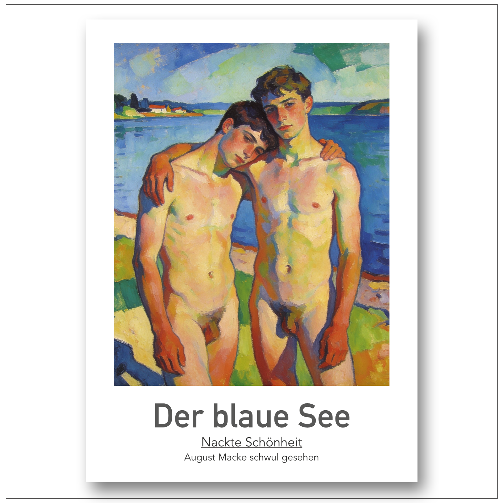 Gay Art Poster Der blaue See – zwei nackte schwule Männer am See, August Macke Stil, Expressionismus, Wandbild 50x70