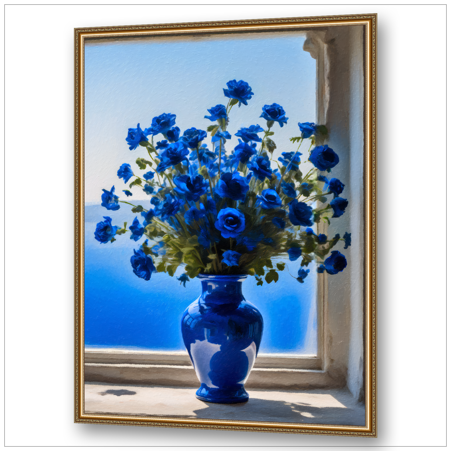 Blaue Rosen in blauer Vase am Fenster - Impressionistische Gay Art mit goldenem Rahmen
