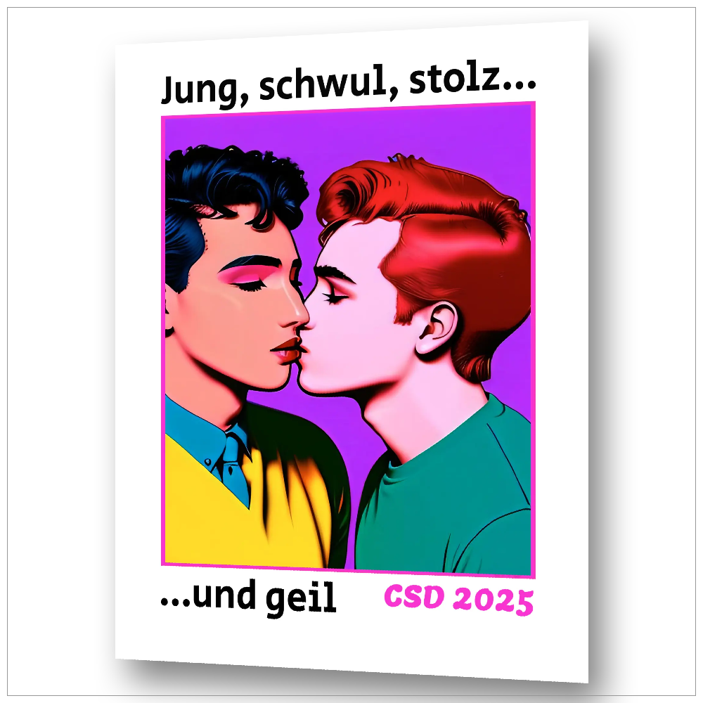 Gay Art - Jung, schwul, stolz... und geil Poster - CSD 2025 Gay Pride Pop-Art | Kunstwerk Bilder