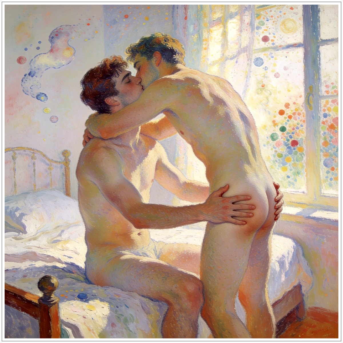 Naked Gay Art: Ein nacktes schwules Paar genießt Kuss und Berührung im sonnigen Schlafzimmer, Zärtlichkeit und Lust auf einen Männerkörper.
