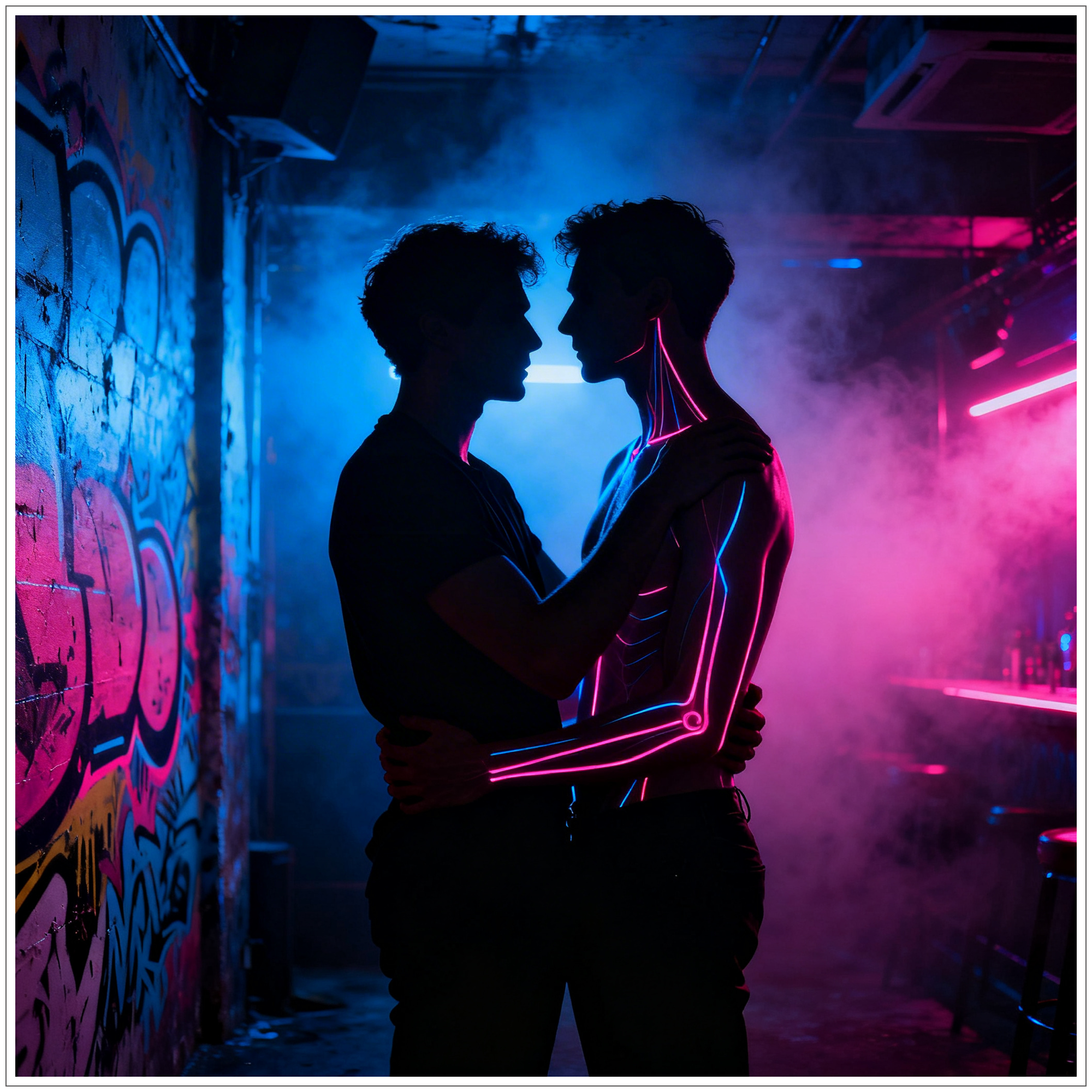 Gay Erotic Artwork: Neonlicht verwandelt einen Männerkörper in ein surreales Motiv zwischen schwuler Erotik, Clubnacht und Zukunft.