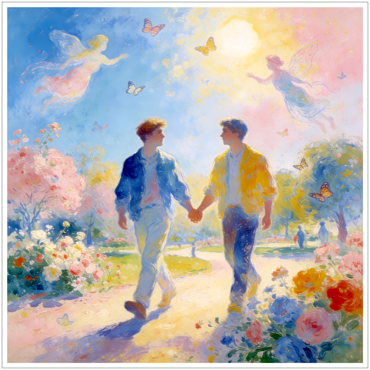 Gay Love Painting: Schwule Liebe im Chagall-Stil, ein Männerpaar genießt sein Frühlingsglück zwischen Blumen, Sonnenlicht und märchenhaften Figuren.
