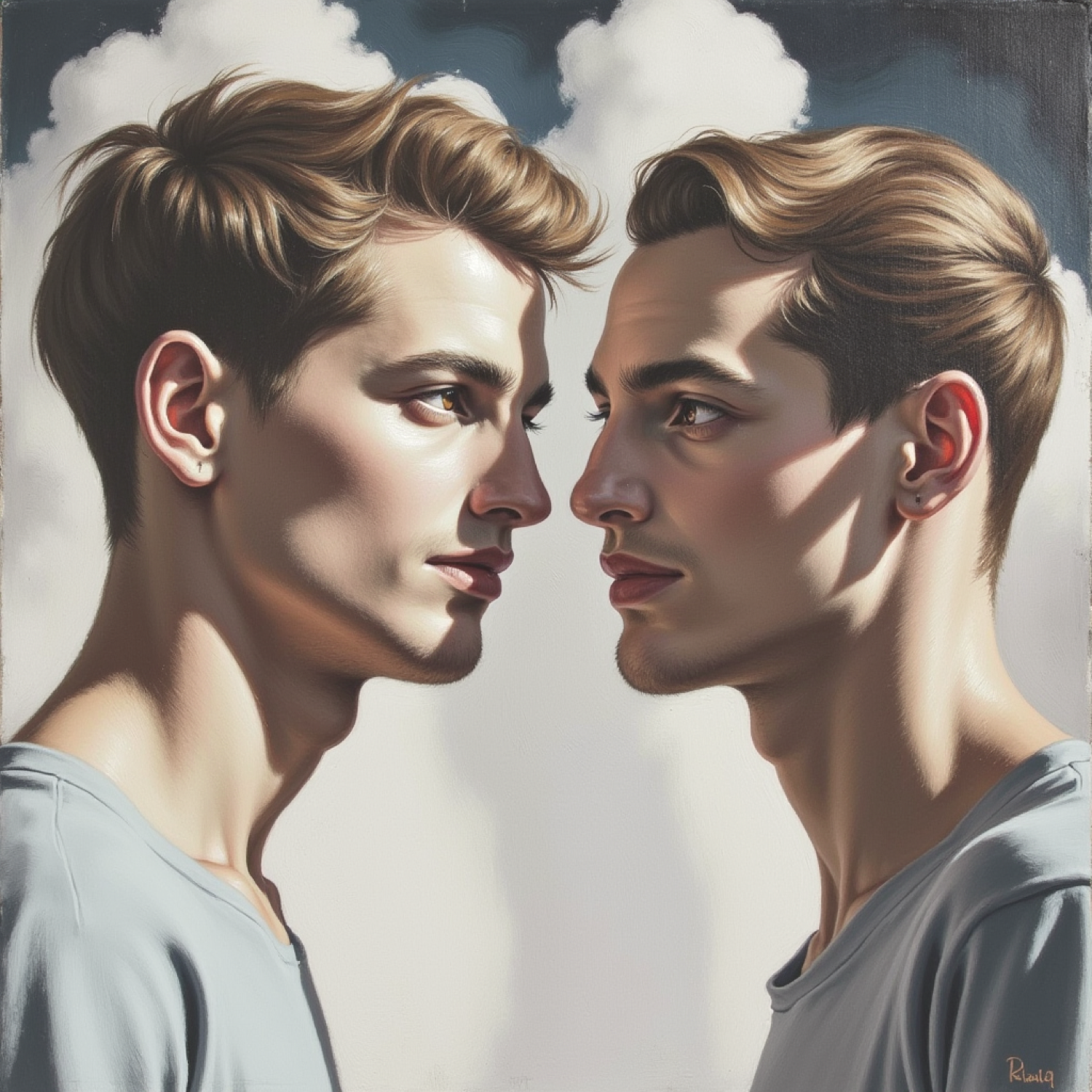 Schwules Doppelporträt: Zwei junge Männer sehen einander aus nächster Nähe mit intensivem, herausfordernden Blick an, ihre Gesichter plastisch in Licht und Schatten modelliert.