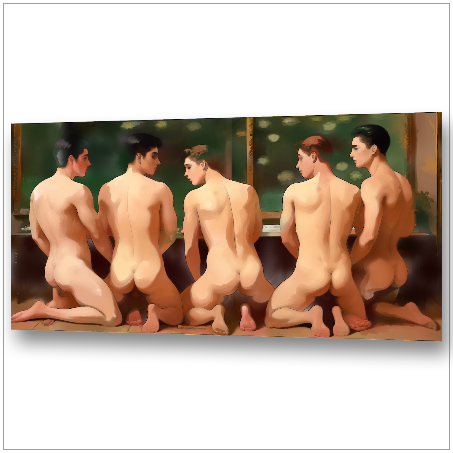 Fünf nackte Männer mit begehrenden Blicken – Erotische Gay Art nach Egon Schiele
