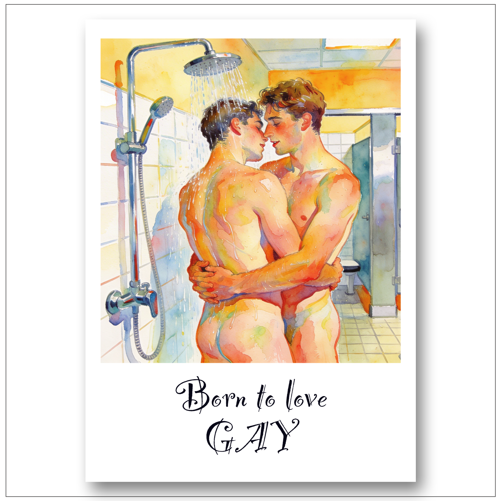 Gay Art Poster Aquarell – Zwei schwule Twinks unter der Dusche, eng umschlungen, Begehren, nasse Haut – David Hockney Stil – Born to love GAY – KUNSTWERK BILDER
