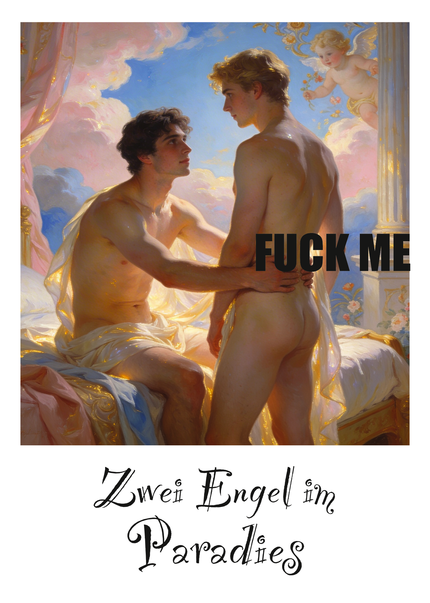 Gay Art – zwei nackte Männer im Paradies, Rokoko-Stil nach Boucher, mit dem Text FUCK ME, Putte im Hintergrund
