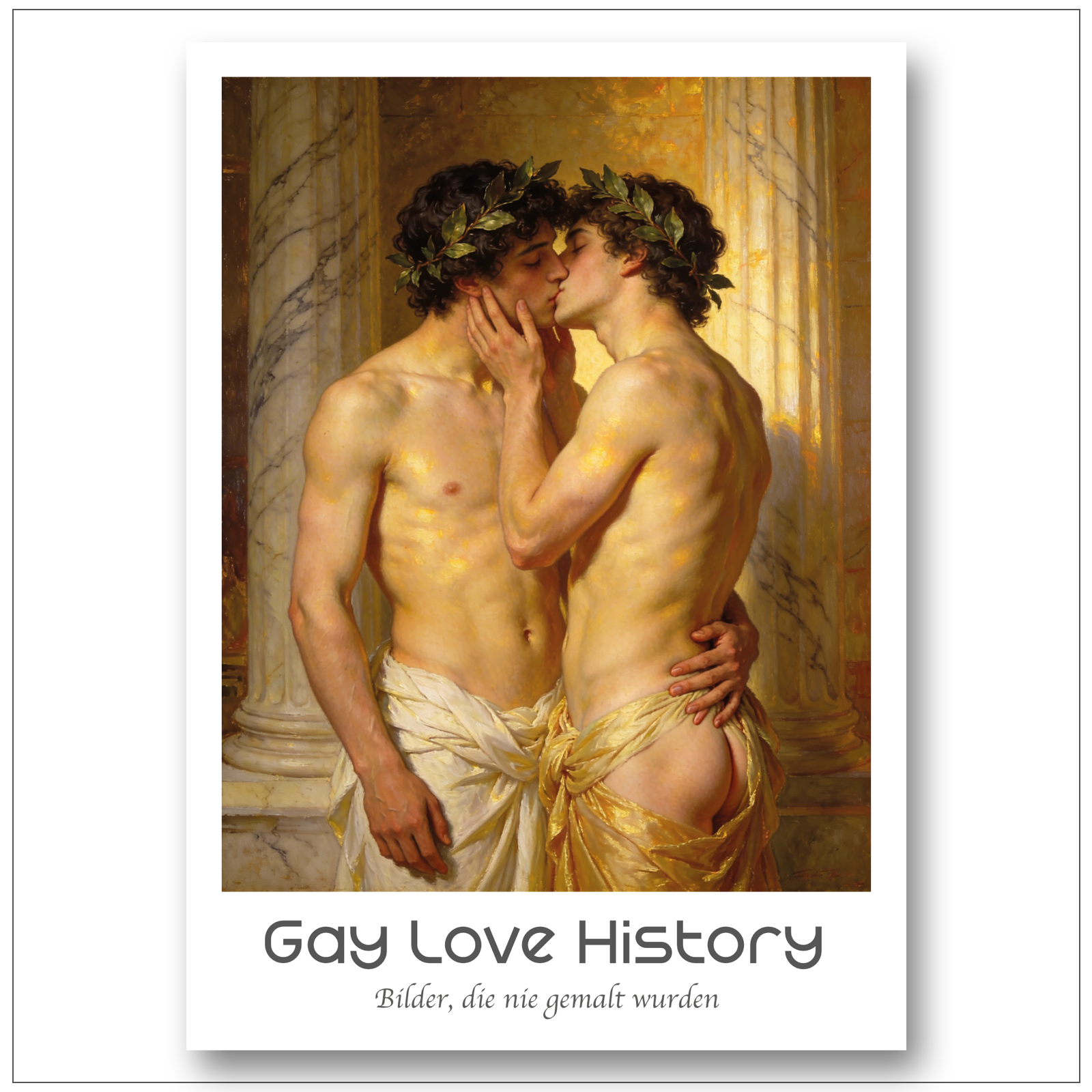 Gay Art Poster. Zwei Männer sich küssend Antike Wandbild – Gay Love History Poster Solomon Stil – LGBTQ Kunstdruck klassische Ölmalerei – Homoerotische Kunst Gold Lorbeer

