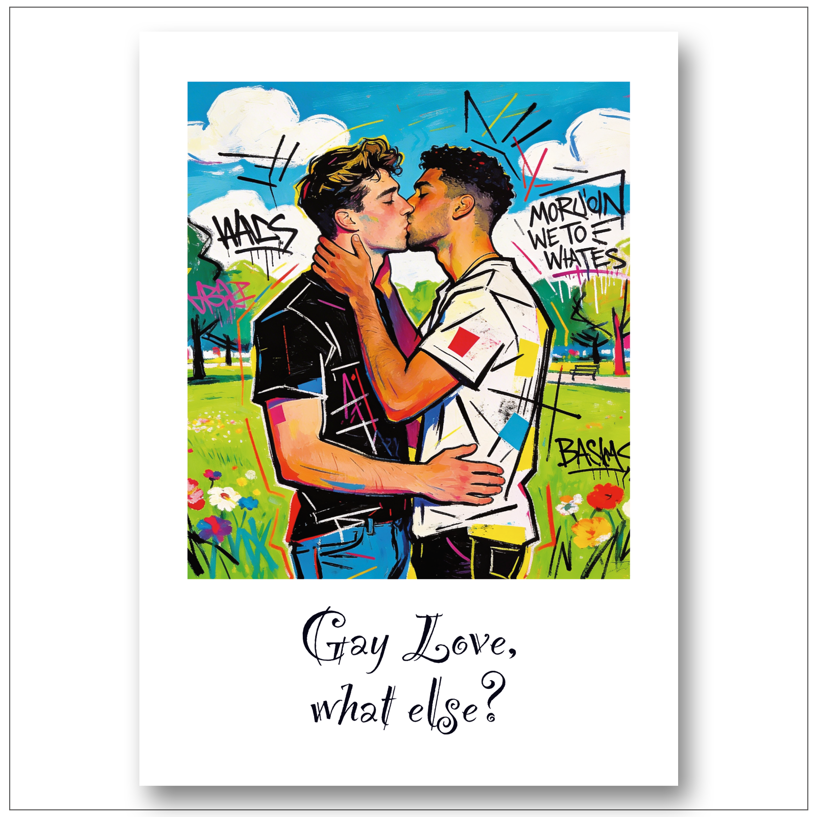 Gay Art Poster Basquiat-Stil – Weißer und schwarzer Mann sich küssend im Park – Graffiti-Schriftzüge – Schwule Kunst politisches Statement – KUNSTWERK BILDER
