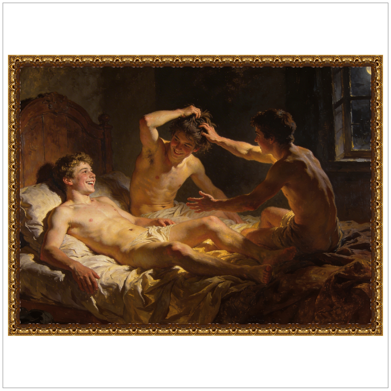 Drei Männer im Bett - Erotisches Vergnügen - Klassisch gemalt mit Goldrahmen
