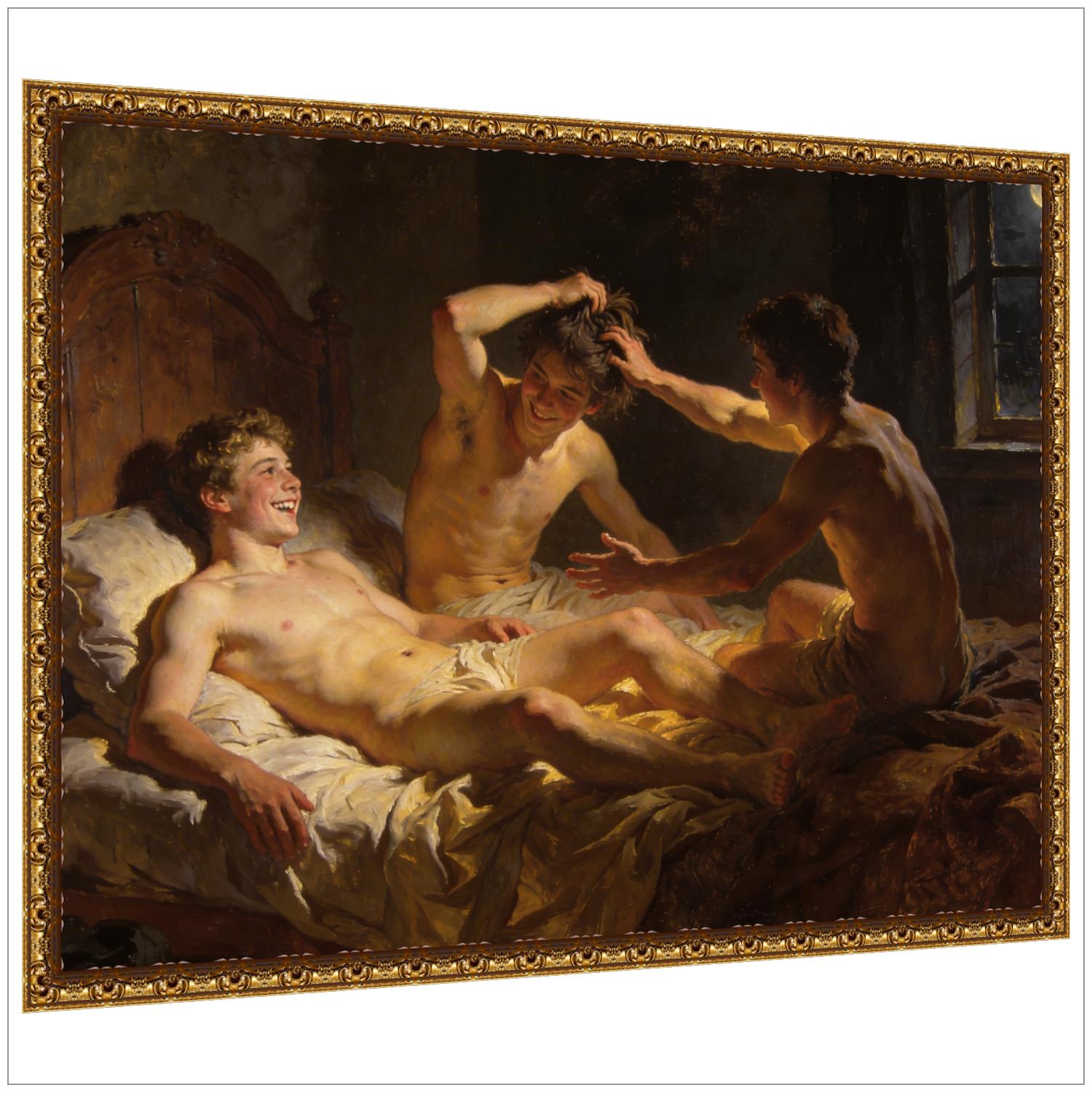 Drei Männer im Bett - Erotisches Vergnügen - Klassische Malerei im goldenen Rahmen
