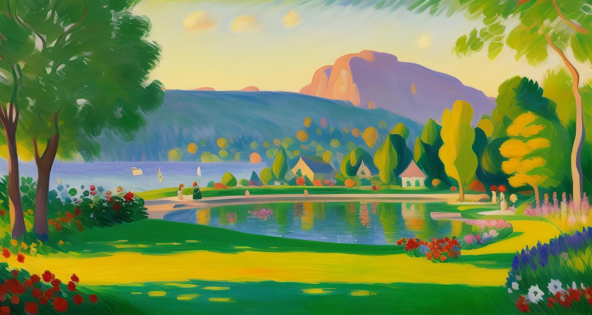 Dorf am Bergsee - Türkisblauer See - Lila Berg - Bunte Blumenwiese - Herbstbäume - Leinwandbild