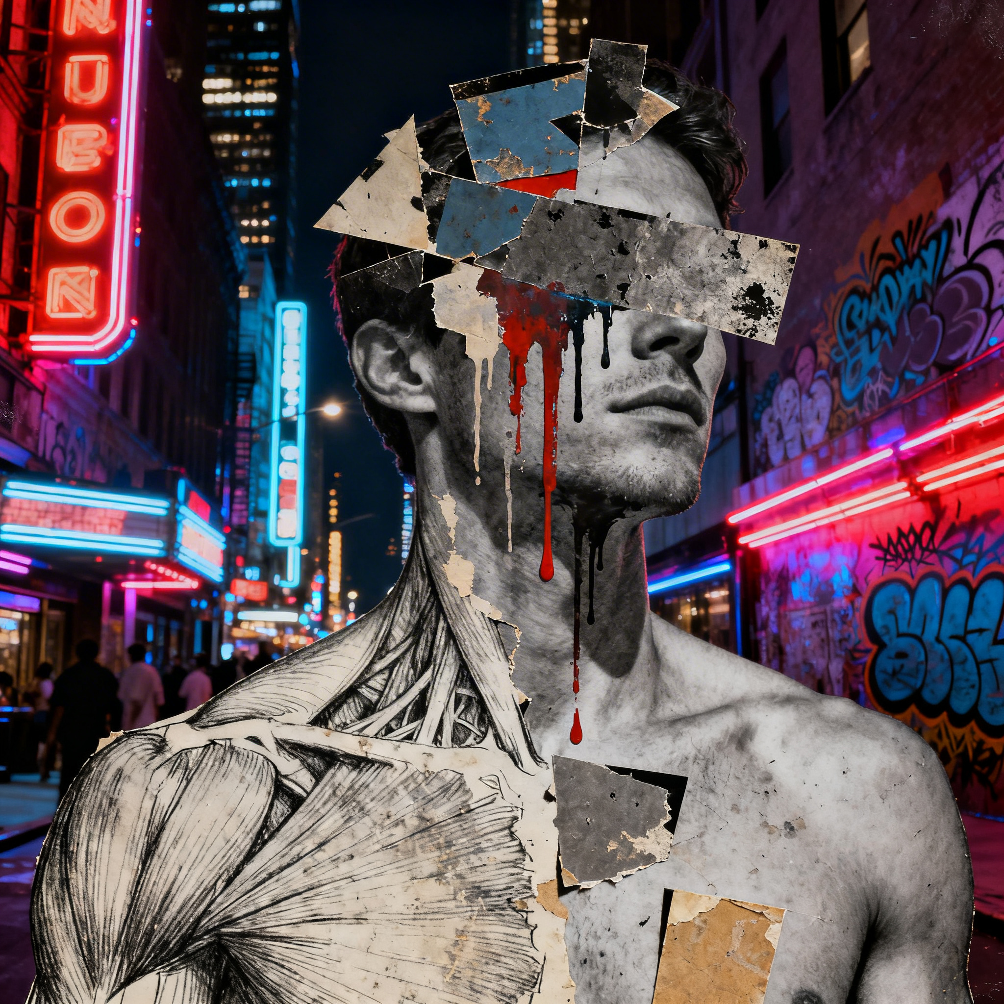 Gay Art Collage – Mann mit fragmentiertem Gesicht vor Neon-Stadtkulisse, anatomische Zeichnung, zerrissene Papierfetzen, rote Farbläufe – Deconstruction I – KUNSTWERK BILDER
