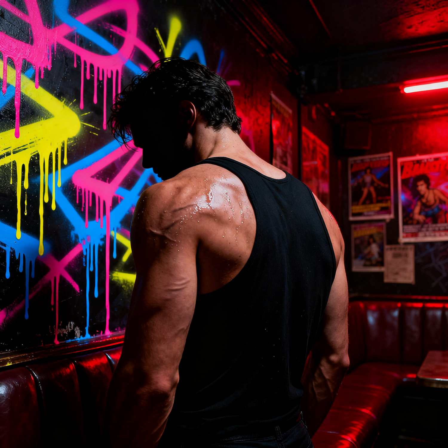 Gay Art – schwuler Mann von hinten, narbige Schulter, schwarzes Tanktop, Graffiti-Wand in Neon-Farben, rote Bar – Deconstruction IV – KUNSTWERK BILDER

