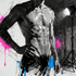 Gay Art – nackter männlicher Torso, Kohlezeichnung mit Magenta- und Blau-Farbspritzern, Fotostudio-Scheinwerfer – Deconstruction II – KUNSTWERK BILDER
