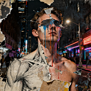 Gay Art Collage – schwuler Mann mit zurückgeworfenem Kopf, Papierfetzen über den Augen, Farbläufe über Gesicht, Neon-New York bei Nacht – Deconstruction III – KUNSTWERK BILDER
