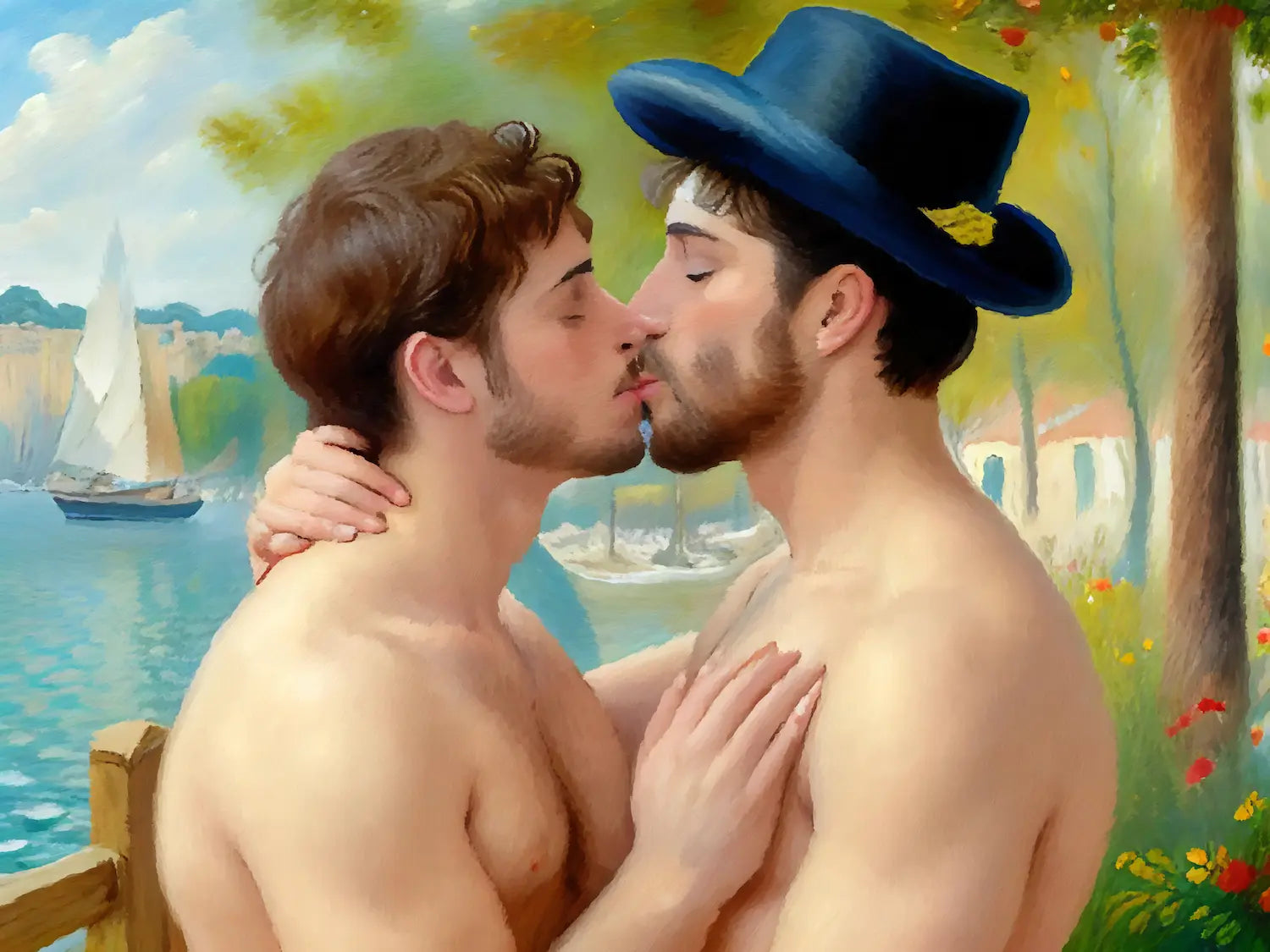 Der Kuss am Ufer - Impressionistische Gay Art im Renoir-Stil | Kunstwerk Bilder KUNSTWERK BILDER