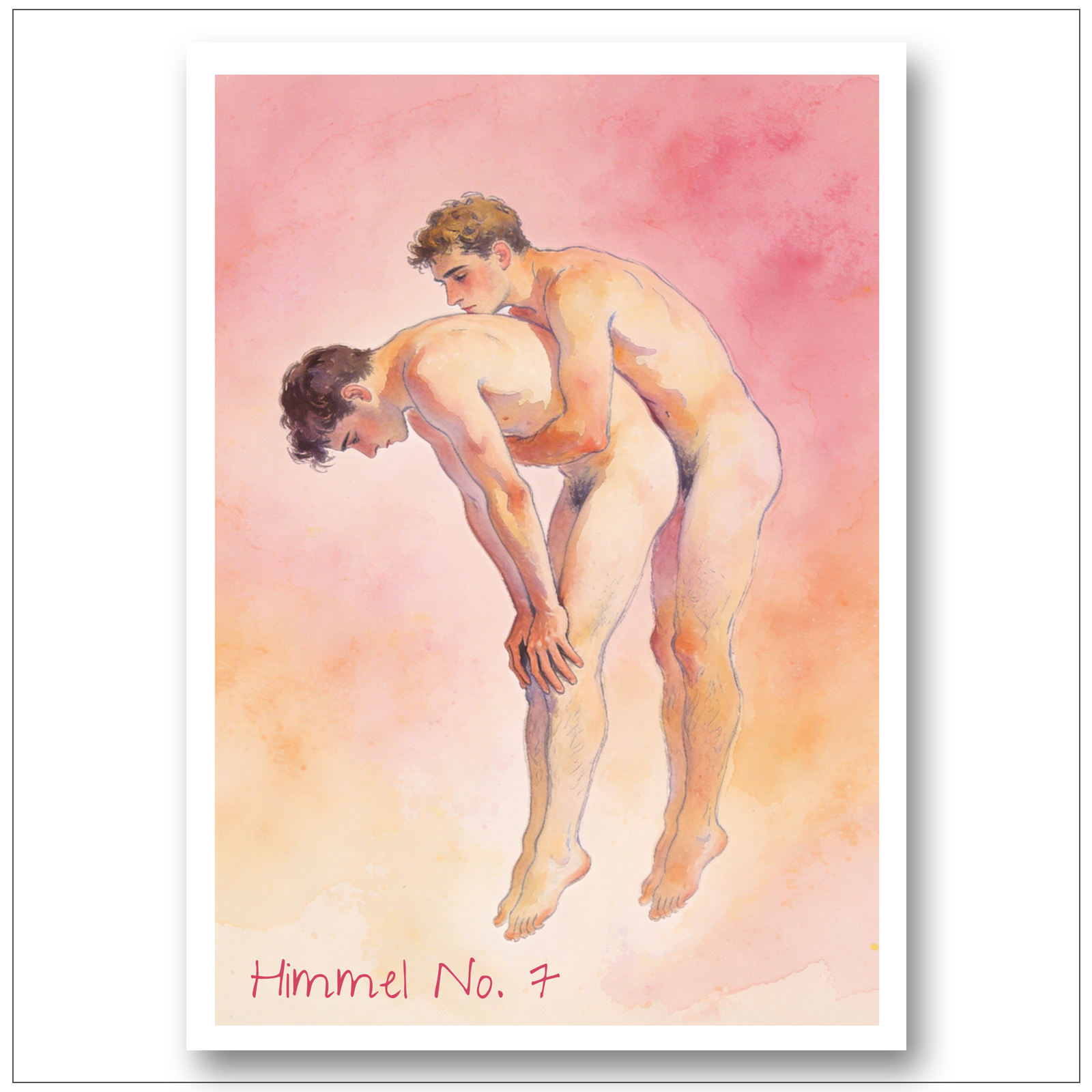 Gay Art Print zwei Männer schwebend Aquarell Wandbild – Gay Poster Design rosa warm – LGBTQ Wanddeko Kunstdruck – Homoerotische Kunst siebter Himmel

