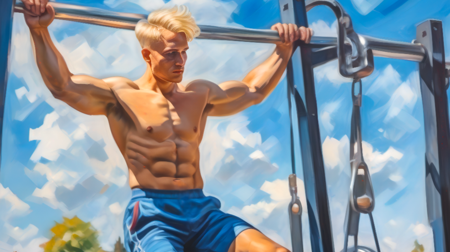 Muskulöser junger Mann beim Outdoor-Training - Moderne Gay Art  Workout Körper Kult
