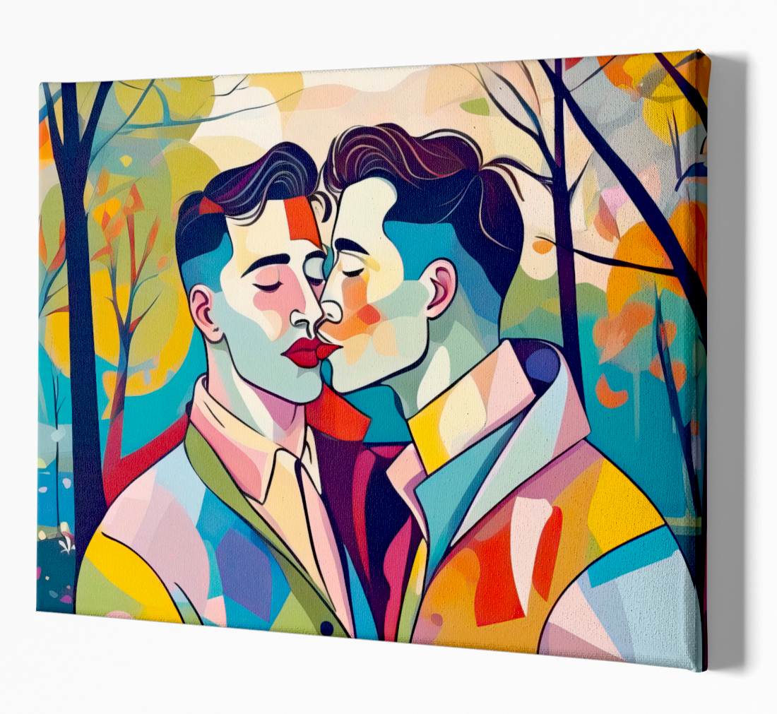 Zwei Männer in leidenschaftlichem Kuss - Kubistische Gay Art - Geometrische Farbflächen - Canvas Wandbild
