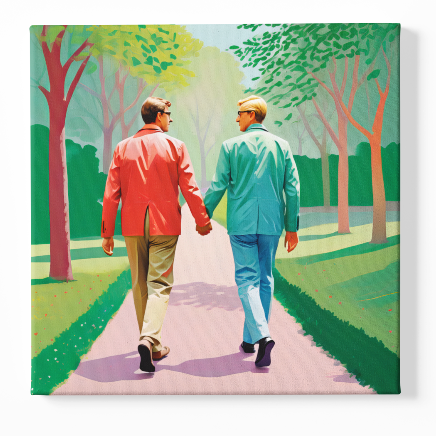 Zwei Männer Hand in Hand im Park – Gay Fine Art Kunstdruck im Hockney-Stil


