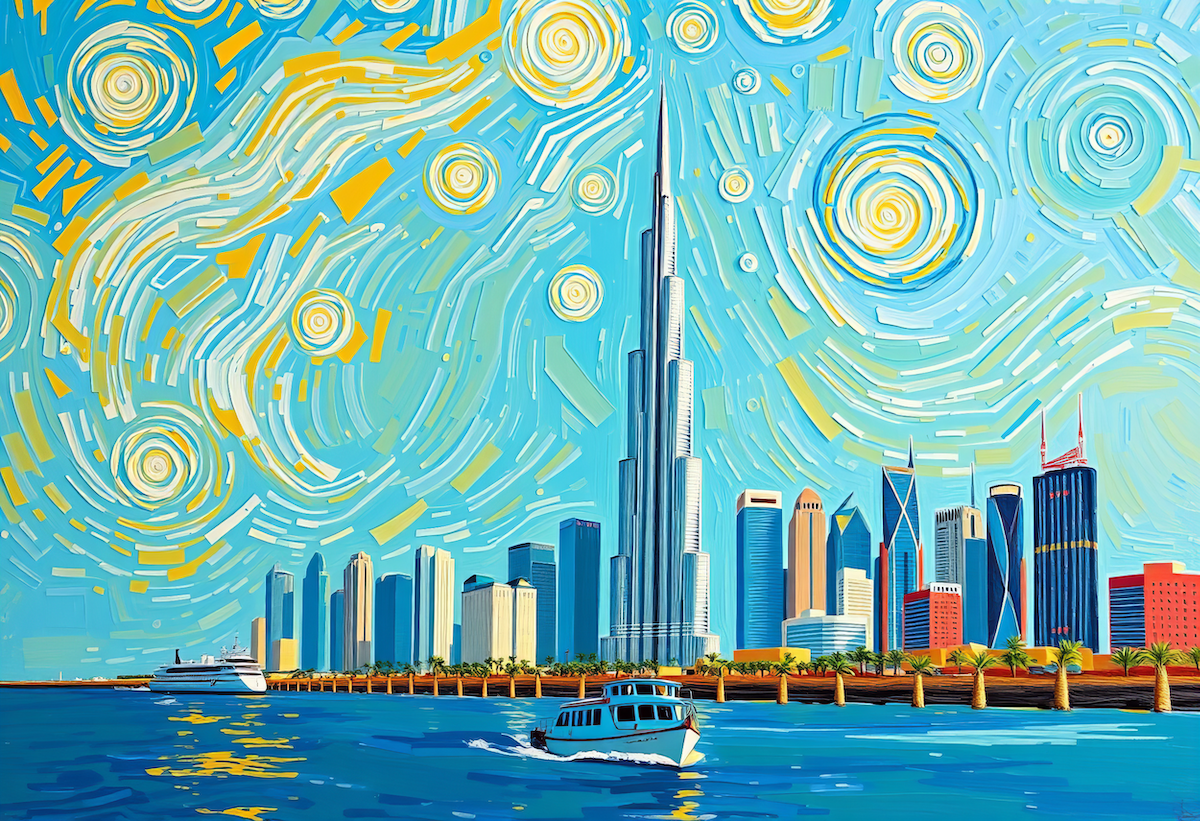Dubai Skyline - Van Gogh Stil - Wirbelnder Himmel mit goldenen Spiralen - Burj Khalifa - Leinwandbild