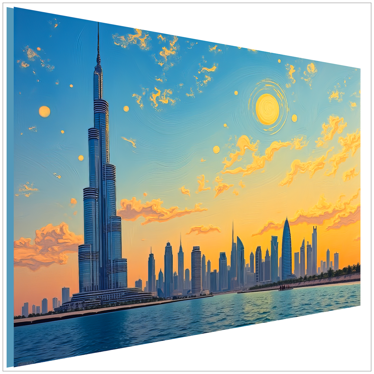 Dubai Skyline - Van Gogh Stil - Blauer Himmel mit goldenen Wolken - Burj Khalifa - Canvas Wandbild
