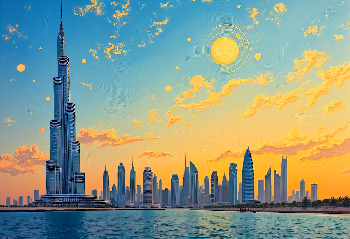 Dubai Skyline - Van Gogh Stil - Blauer Himmel mit goldenen Wolken - Leinwandbild Keilrahmen