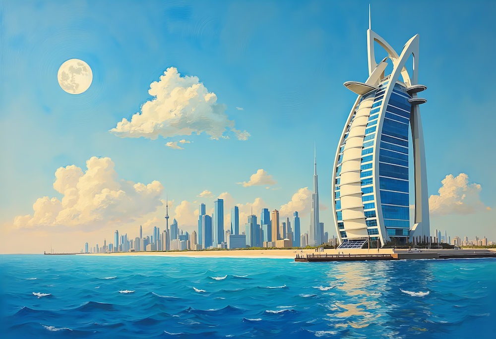 Dubai Burj Al Arab - Van Gogh Stil - Türkisblaues Meer und sanfter Himmel 
