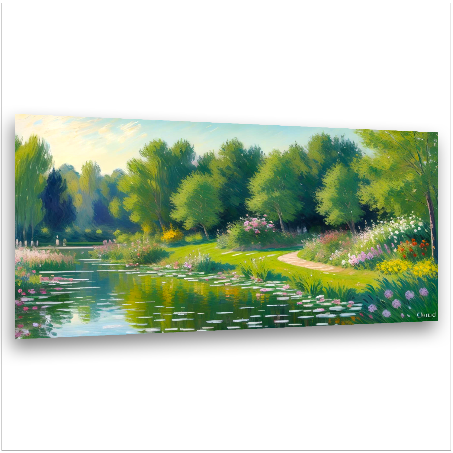 Seerosenteich Monet-Stil - Grüner Wald mit Spiegelungen - Bunter Blumengarten - Impressionismus - Canvas Wandbild
