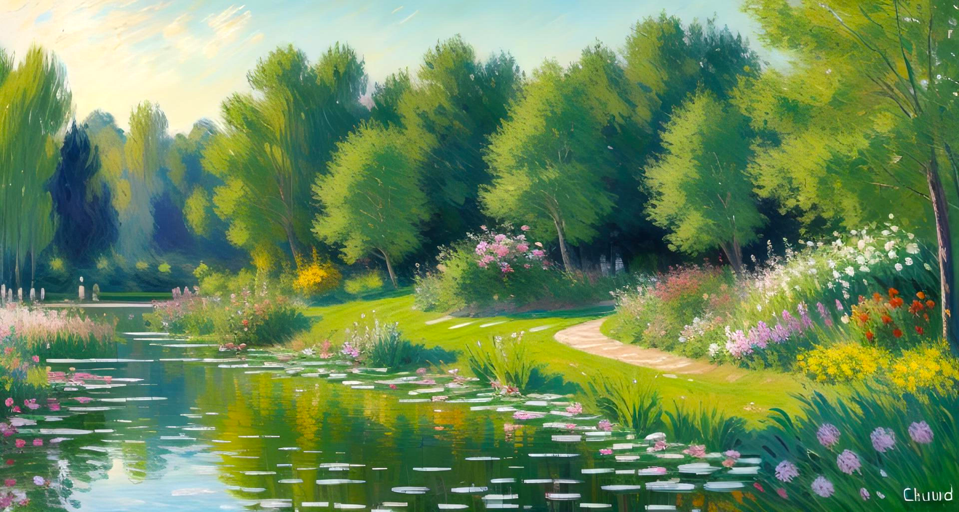 Seerosenteich Monet-Stil - Grüner Wald mit Spiegelungen - Bunter Blumengarten - Impressionismus - Leinwandbild
