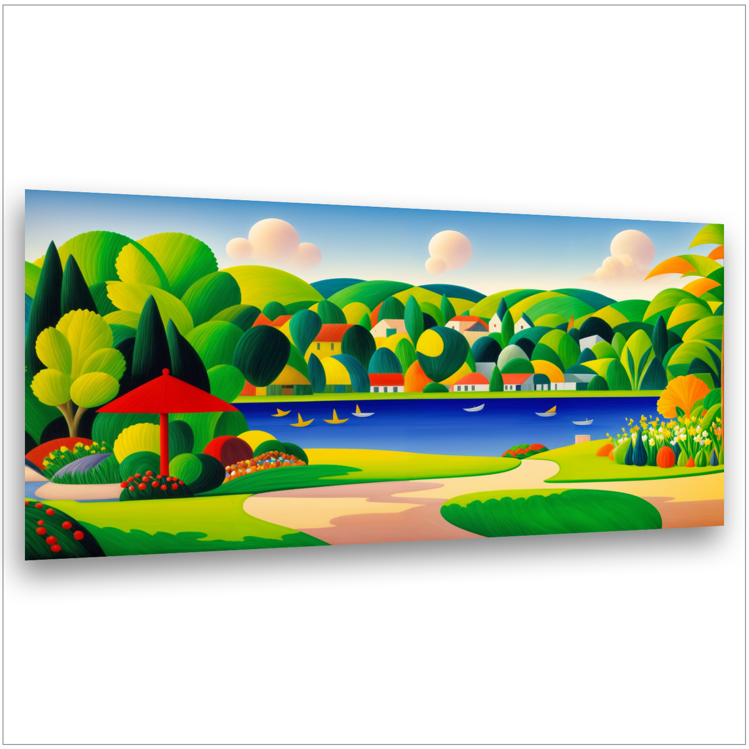 Buntes Dorf am See - Segelboote - Roter Pavillon - Grüner Wald - Naiver Stil - Canvas Wandbild
