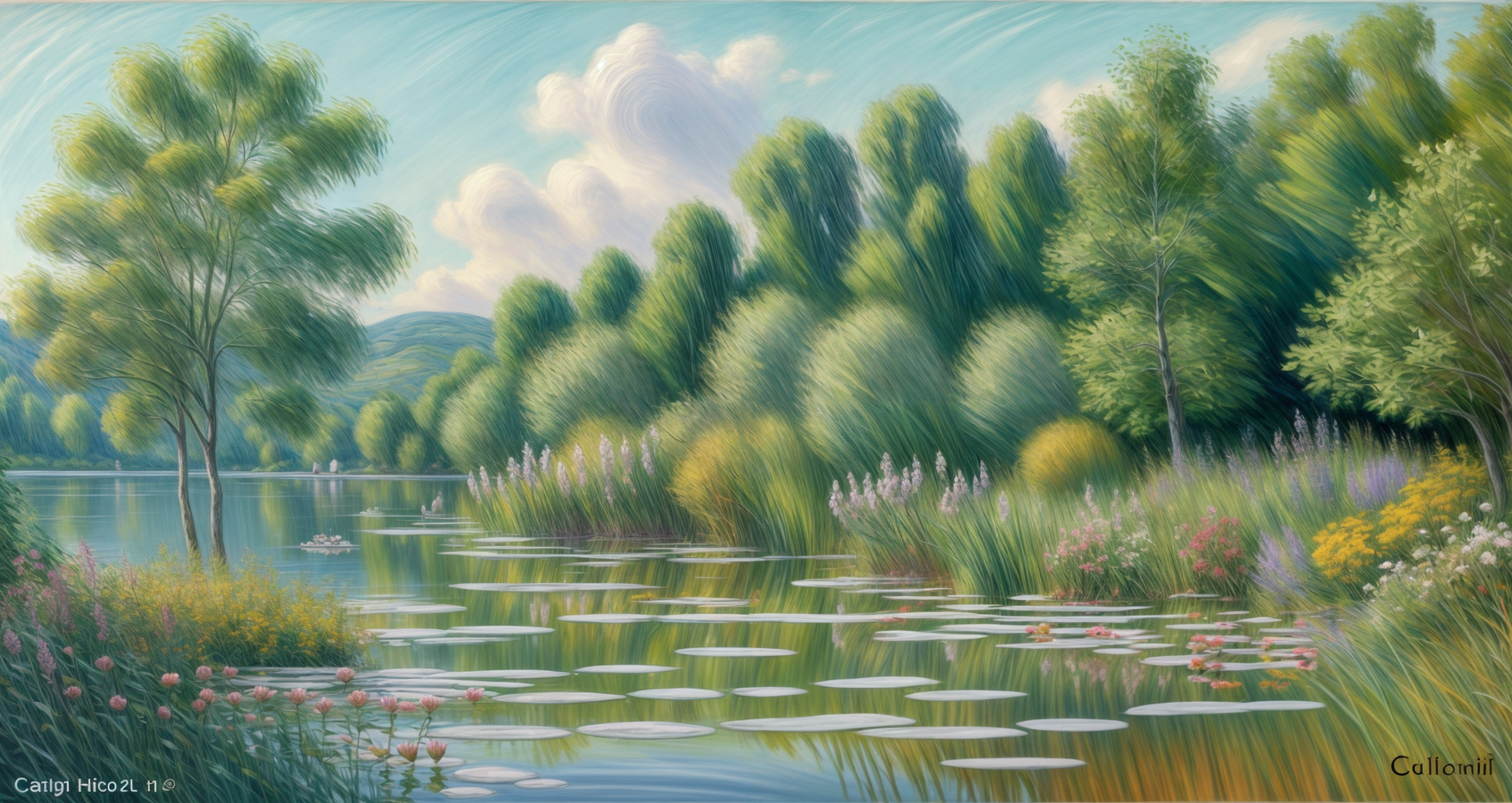 Stiller Seerosenteich - Grüne Bäume mit Spiegelungen - Schilf und Blumen - Impressionismus - Leinwandbild
