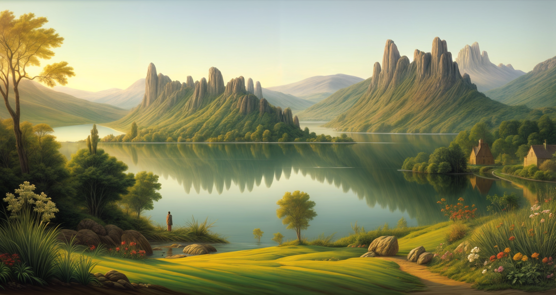Dramatische Berglandschaft - Spitze Felsen - Stiller See mit Spiegelungen - Goldenes Licht - Canvas Wandbild
