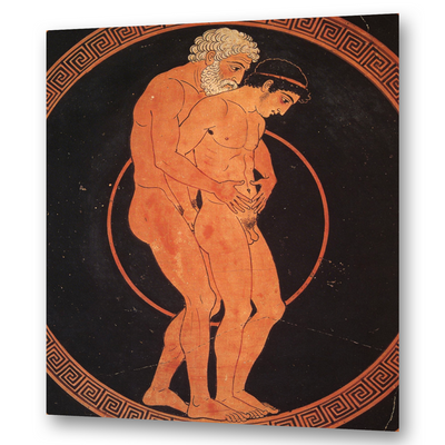 Attische Kylix: Älterer Mann greift von hinten nach dem Jüngeren – erotische Szene der griechischen Päderastie, Gay Art Wandbild