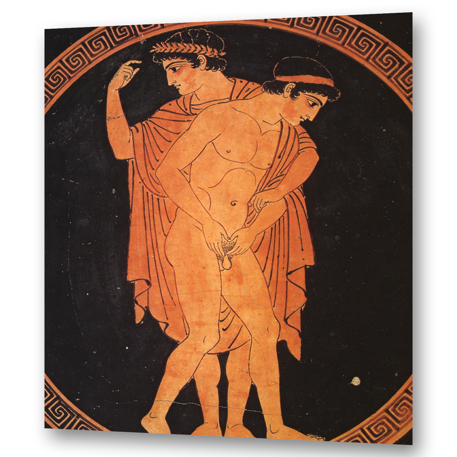 Attische Kylix: Jüngling masturbiert, während ein Mann ihn von hinten hält – erotische Szene im antiken Griechenland, Gay Art Wandbild